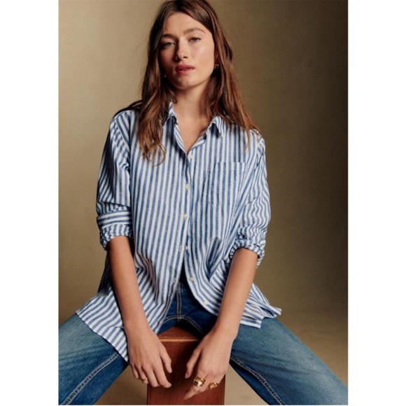 Sezane Tops - SEZANE Classic Oversized Blue & White Striped Linen Cotton Button Down Max Shirt
